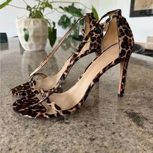 Stuart Weitzman pony hair leopard nudist song heels